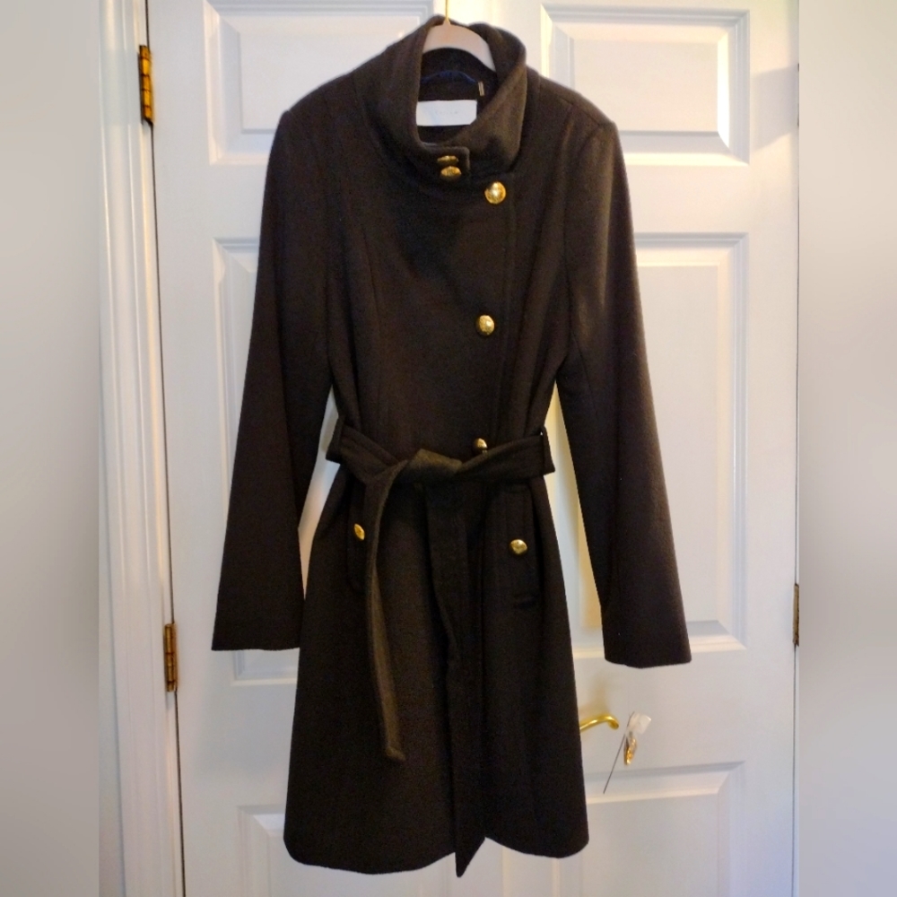 Tahari Wool Asymmetrical High Collar Trench Coat Black NWT 12